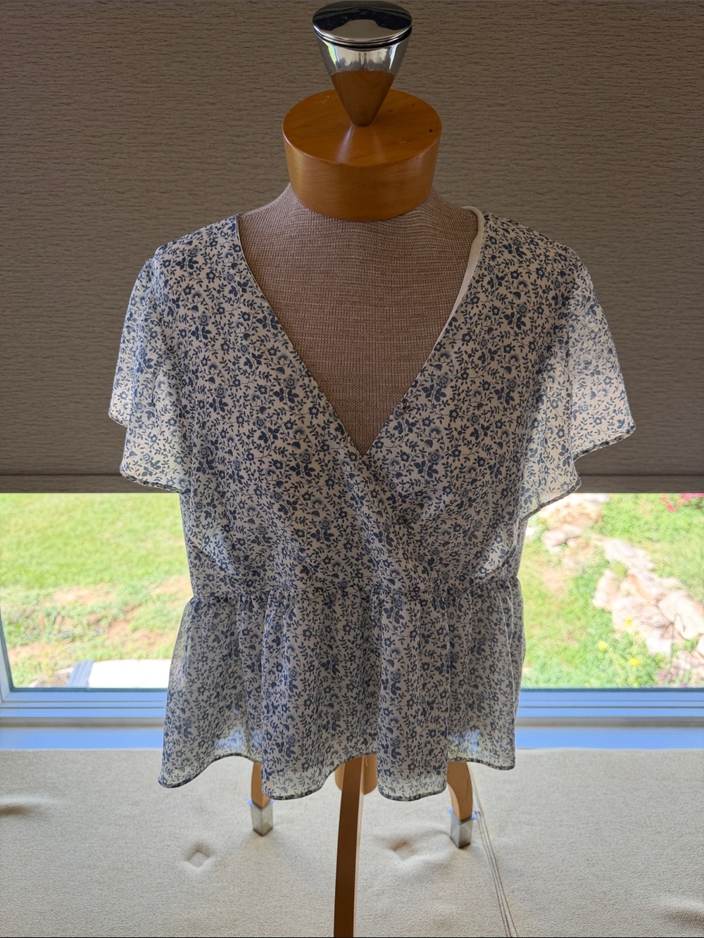 Madewell White and Blue Floral Wrap Peplum Blouse